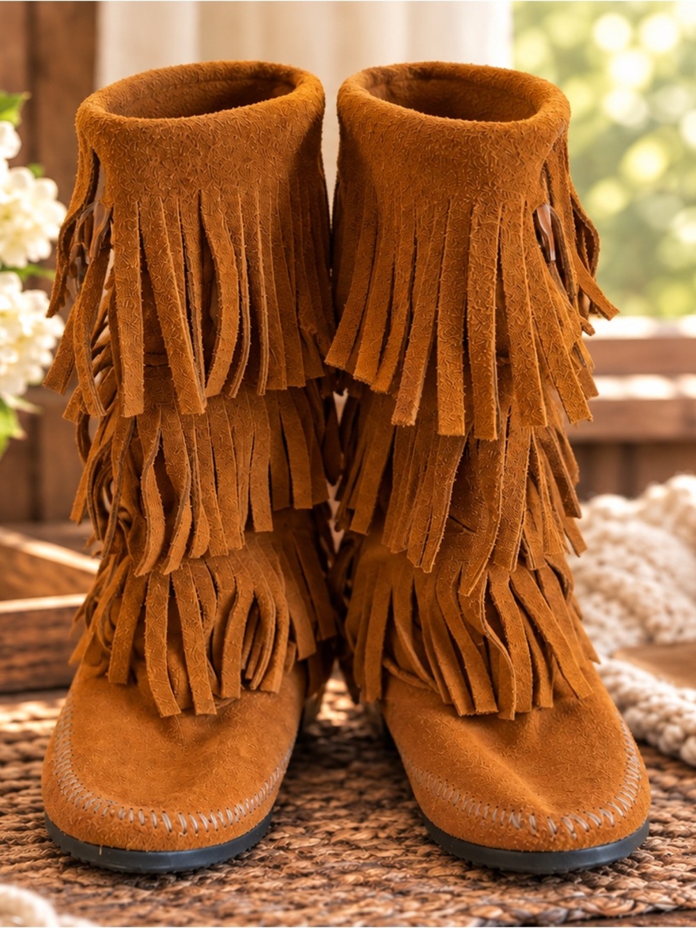 Minnetonka 1632 Brown Suede 3 Layer Fringe Moccasin Boots Boho Western - Picture 11 of 12
